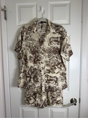 Women  Cream & Brown Printed Short Sleeve Shirt - Relaxed Casual